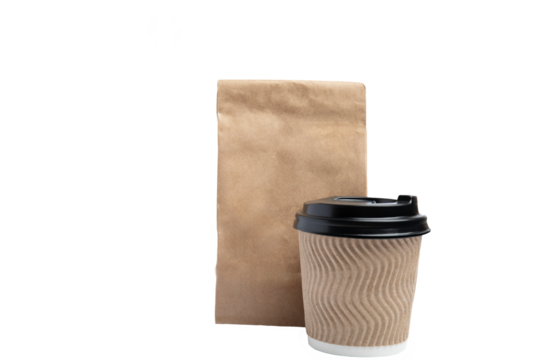 Kraft paper bag and brown ripple paper coffee cup – PNG, front view, isolated on transparent background