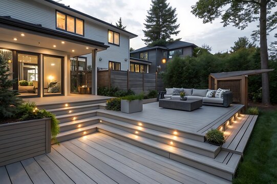 Modern composite deck with ash grey surface, stylish lighting, outdoor sofa, and garden plants. Ideal exterior for home, patio, landscaping, or residential architecture at dusk.