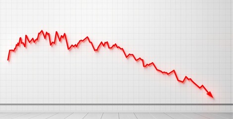 Red declining graph line on white grid wall background, minimalistic style, symbolizing financial loss, crisis or business failure concept. Ai generative