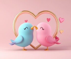 Lovebirds in Bliss: Two charming cartoon birds, one blue and one pink, share an intimate moment. set against a soft pastel backdrop. Heart symbol completes the lovely visual.