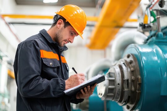 an industrial engineer inspecting the horizontal electric motor and pump in use, taking notes on a notepad
