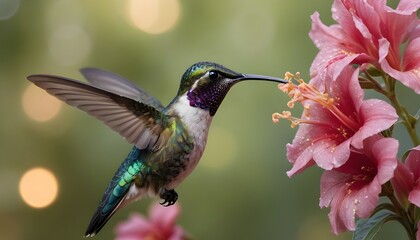 Vibrant Hummingbird Feeding On Pink Flowers in Sunlit Nature Setting