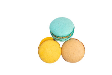 Three colorful macarons – PNG, top view, isolated on transparent background
