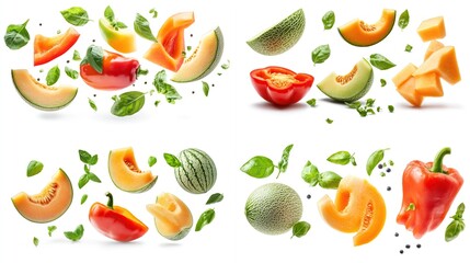 Colorful fruit and vegetable slices in mid-air,  arranged in a grid pattern on a white background