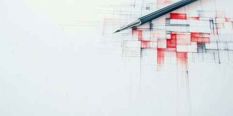Modern abstract geometric sketch with red and black squares, mechanical pencil resting on clean white background, concept of creativity and design
