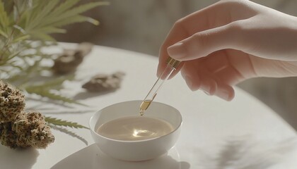Hand Holding Dropper Over Bowl of Oil with Cannabis Leaves in Natural Light