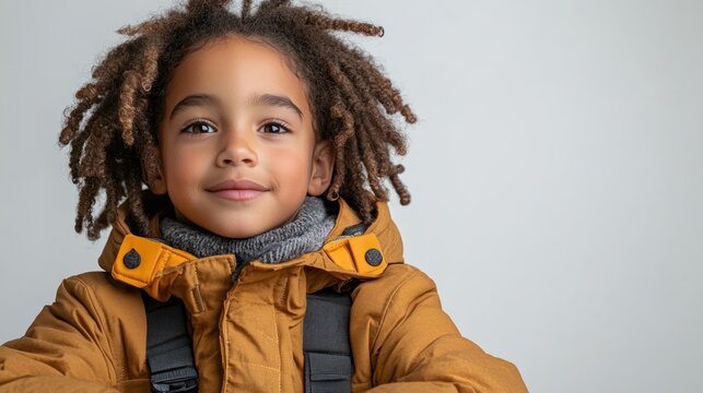 Smiling boy with dreadlocks and backpack on plain background