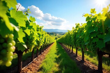 Naklejka premium Sun-drenched rows of grapevines stretching across a picturesque vineyard, ready for harvest Lush green foliage and ripe bunches of grapes hanging heavy on the vines , wine, fruit, sun