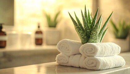 Spa Setting with Fresh Towels and Aloe Vera Plant on Marble Countertop