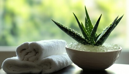 Relaxing Spa Setting with Aloe Vera Plant and Soft Towels in Natural Atmosphere
