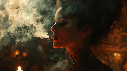 Mysterious Woman with Smoke and Elegance in a Dimly Lit Artistic Setting