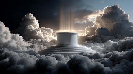 Ethereal light ascending from a mystical platform in the clouds digital art dreamlike environment aerial view spiritual concept