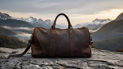 Vintage Leather Travel Bag on Mountain View Trail Digital Illustration