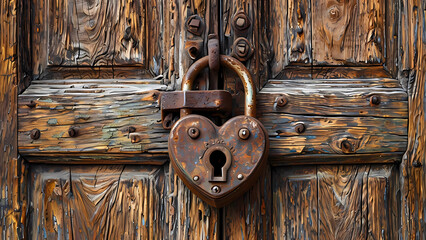 Weathered Wooden Door with Dual Heart Locks Digital Illustration