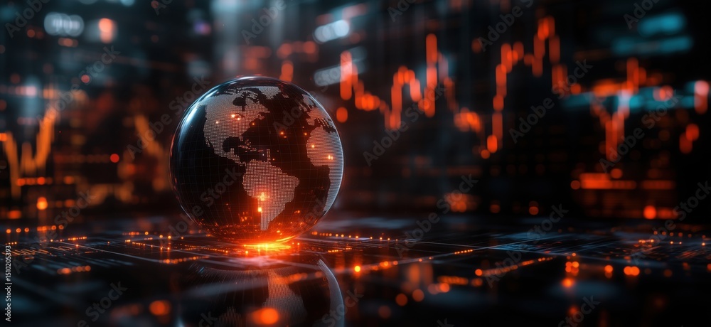 Poster digital globe representing global finance and data analytics in a futuristic environment