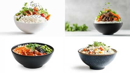 Four vibrant rice bowls showcase diverse Asian-inspired cuisine; each features fluffy rice, colorful vegetables, and protein.  Two bowls are black, two white