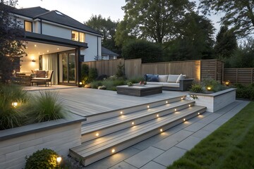 Modern composite deck with ash grey surface, stylish lighting, outdoor sofa, and garden plants. Ideal exterior for home, patio, landscaping, or residential architecture at dusk.
