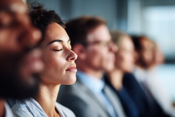 a diverse group of business people sitting in a row and meditating during a corporate training day