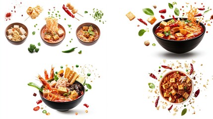 Four vibrant bowls of tofu noodle soup, showcasing diverse ingredients like shrimp, chili peppers, scallions, and noodles, presented against a stark white 