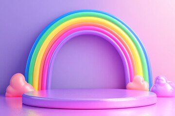 Rainbow arch over rounded colorful podium