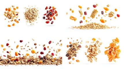 Four close-up shots showcasing various combinations of oats, dried cranberries, raisins, apricots, and nuts, all against a stark white backdrop.  The ingredients 