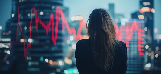 Woman observing city skyline with financial data overlay at dusk