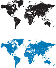 Two contrasting world maps, black and blue, for global content.