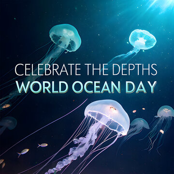 Magical jellyfish drifting in deep blue ocean celebrating World Ocean Day underwater marine life.