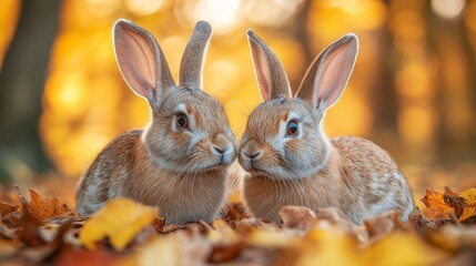 Fototapeta premium Two adorable rabbits gently touching noses among spring flowers at golden sunset.