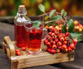 Ripe berries of the hawthorne plant and drink in a mug, syrup in a bottle, on a wooden table.