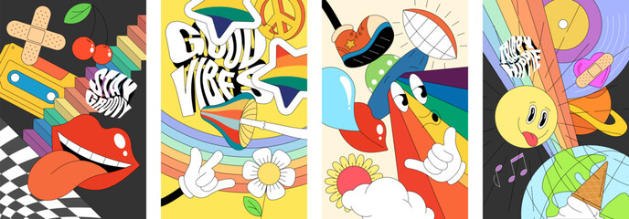 Groovy retro poster with cute 70s style characters, smiling sun, rainbow, and flowers. Psychedelic colors and vintage textures. Fun summer landscape with positive hippie vibes. Vector illustration.