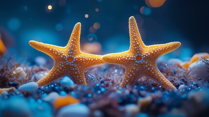 Two vibrant orange starfish touching gently on a colorful reef, underwater harmony.