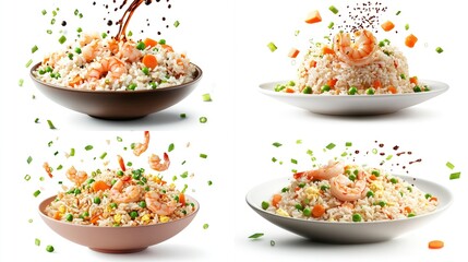Four vibrant images showcase shrimp fried rice in bowls and plates against a stark white background.  Soy sauce and chopped scallions are dynamically 