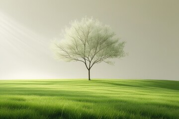 Obraz premium Serene Springtime Landscape Solitary Blooming Tree in Misty Green Field Peaceful Nature
