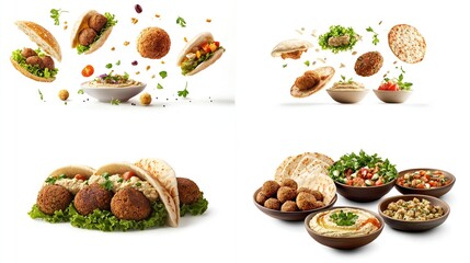 Four vibrant images showcasing various falafel preparations;  pita bread, hummus, salads, and falafel balls in dynamic, levitating compositions against a stark white background
