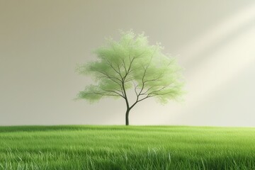 Obraz premium Single Tree in Green Field Peaceful Nature Scene