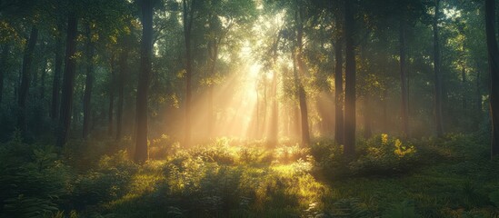 Fototapeta premium Sunlight streams through misty forest