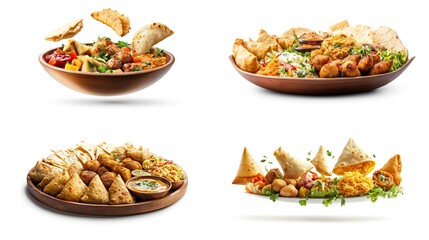 Four images showcase diverse platters of savory Indian-style appetizers, including samosas, pastries, and various dips, artfully arranged on wooden bowls