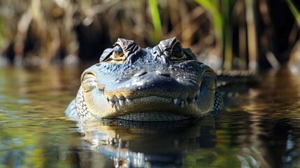 Obraz premium Alligator lurking in the water, close-up of reptilian predator eyes fixed
