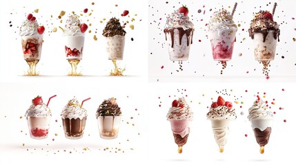 Eight delectable frozen dessert cups, showcasing diverse toppings like whipped cream, strawberries, chocolate, and sprinkles, artfully arranged against a