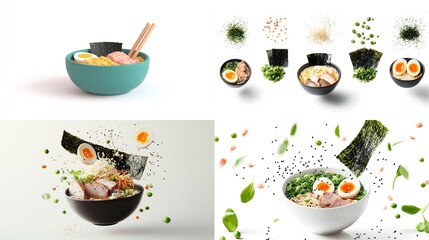 A vibrant collage showcasing ramen noodle bowls, ingredients (egg, pork, seaweed, peas, sesame seeds), and preparation steps, with some ingredients depicted emphasizing freshness and visual appeal