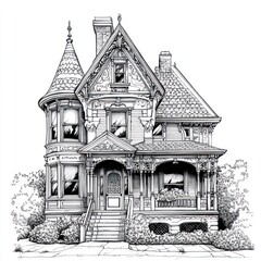 Fototapeta premium A Detailed Ink Drawing of a Victorian House