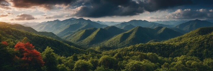 Fototapeta premium Epic Mountain Range Panorama Dramatic Cloudscape Ancient Fortress