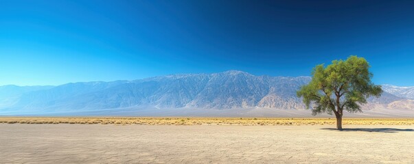Obraz premium Lone tree in arid desert landscape with mountains under clear blue sky