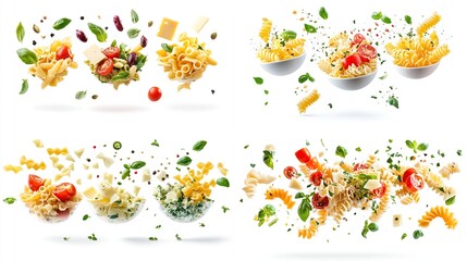 Four vibrant food compositions showcasing pasta tossed with cherry tomatoes, cheese, basil, and olives against a pristine white backdrop, creating a dynamic and appetizing visual