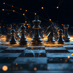 Planning for Success: Chess Pieces Against a Backdrop of Financial Graphs