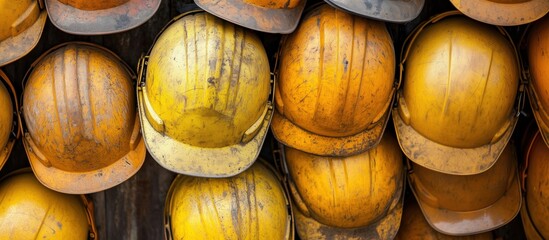 Collection of worn yellow hard hats stacked together showcasing industrial safety gear