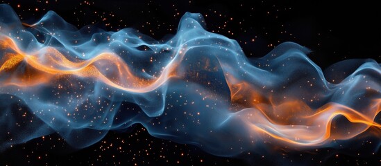 Abstract digital wave with glowing orange and blue particles on black background