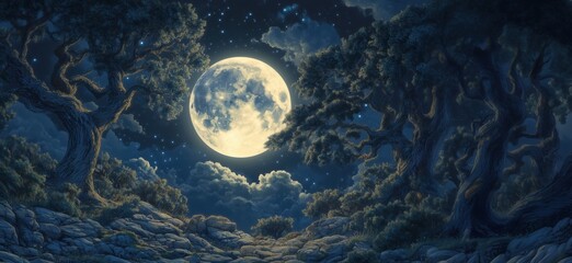 Majestic full moon illuminating serene night landscape with ancient trees and starry sky