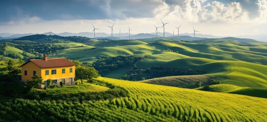 Scenic countryside landscape with yellow house and wind turbines in rolling hills